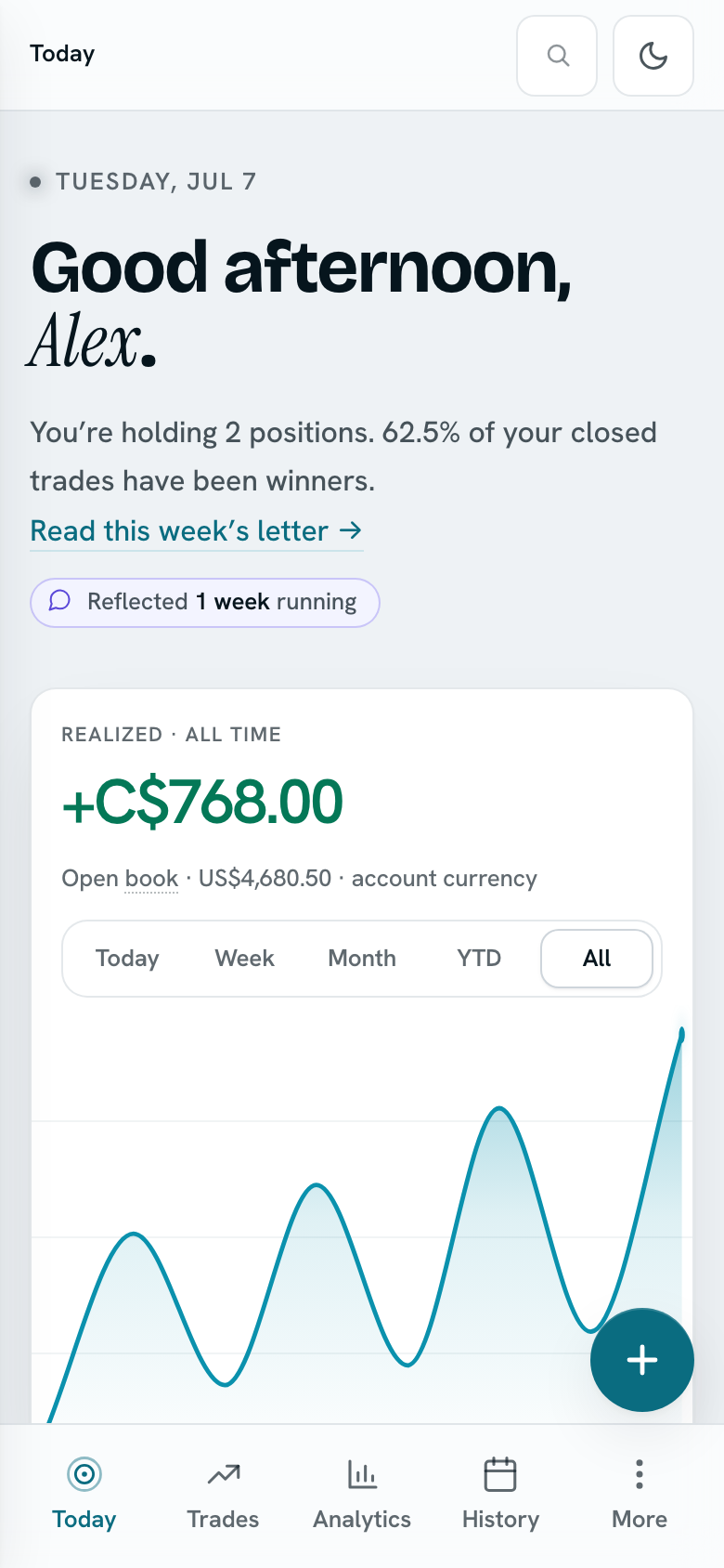 The sizeforzero dashboard on a phone: today’s numbers, the equity curve and recent trades, laid out calmly on a narrow screen.